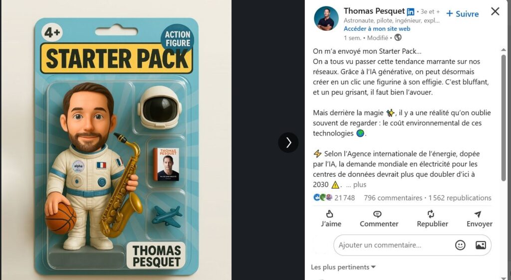 Starter Pack de Thomas Pesquet, accompagné de son post qui dénonce le coût environnemental de cette mode.