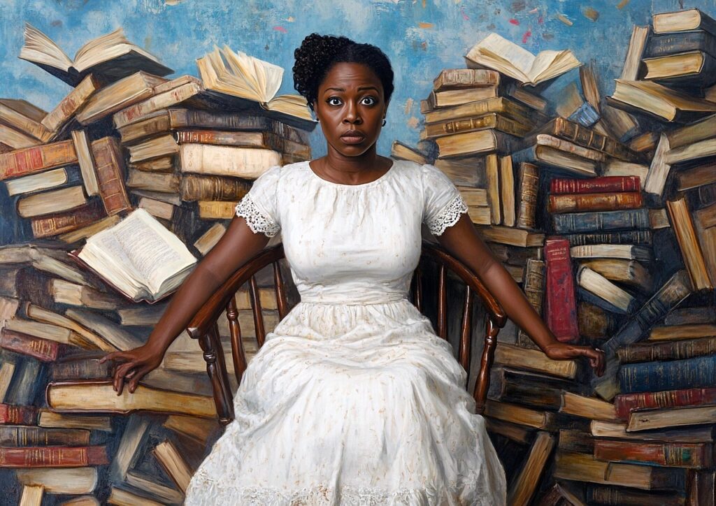 Une dame est assise sur une chaise devant un empilement de livres qui ressemblent à un mur de livres. 