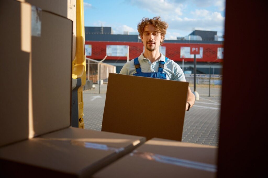 image d'un homme qui charge un colis dans un camion. 